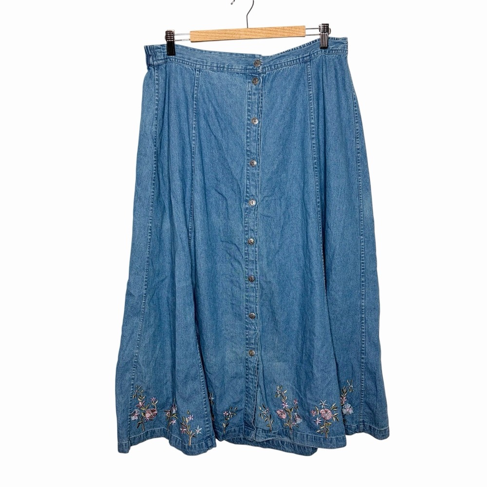 Vintage Embroidered Denim Midi Skirt Womens L Coastal Cowgirl Indie Western 90s